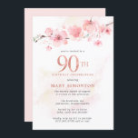 Blush  Pink Cherry Blossom 90th Birthday Invitation<br><div class="desc">The softest blush pink cherry blossoms rest on a branch at the top of this modern and minimalist 90th Birthday Party Invitation. A barely there pink watercolor wash adds dimension. The pale gray text is light and airy. The invitation back is also blush pink. The result is a modern botanical...</div>