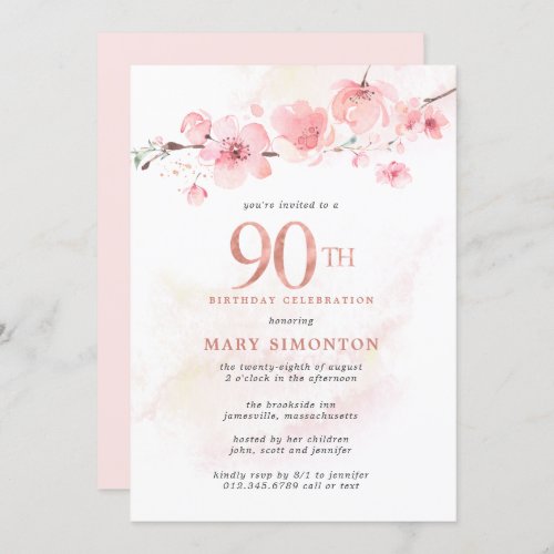 Blush  Pink Cherry Blossom 90th Birthday Invitation