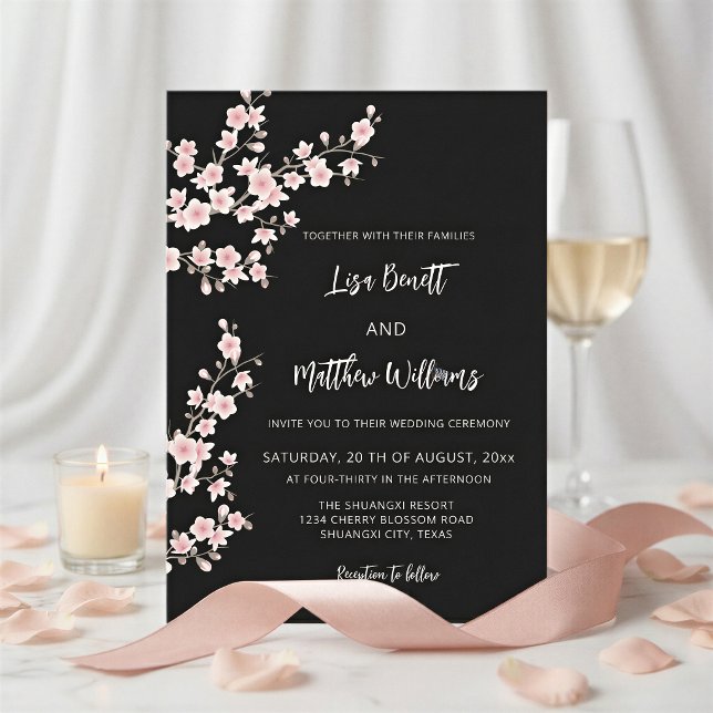  Blush Pink Cherry Blossom Black Invitation (Creator Uploaded)