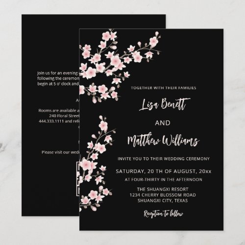Blush Pink Cherry Blossom Black Invitation