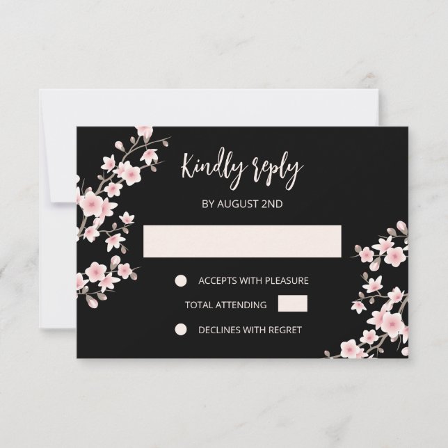 Blush Pink Cherry Blossom Black RSVP Card (Front)