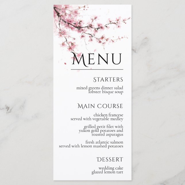Blush Pink Cherry Blossom Elegant Floral Wedding Menu (Front)