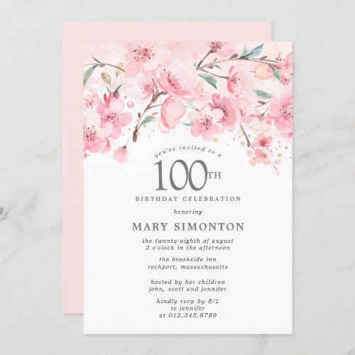 Blush Pink Cherry Blossom Floral 100th Birthday In Invitation