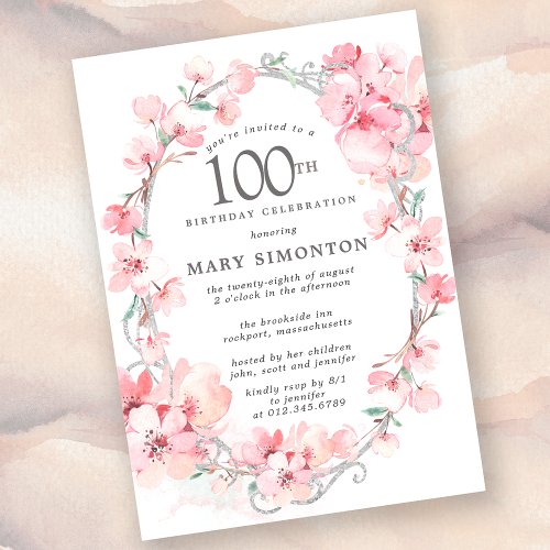 Blush Pink Cherry Blossom Floral 100th Birthday Invitation