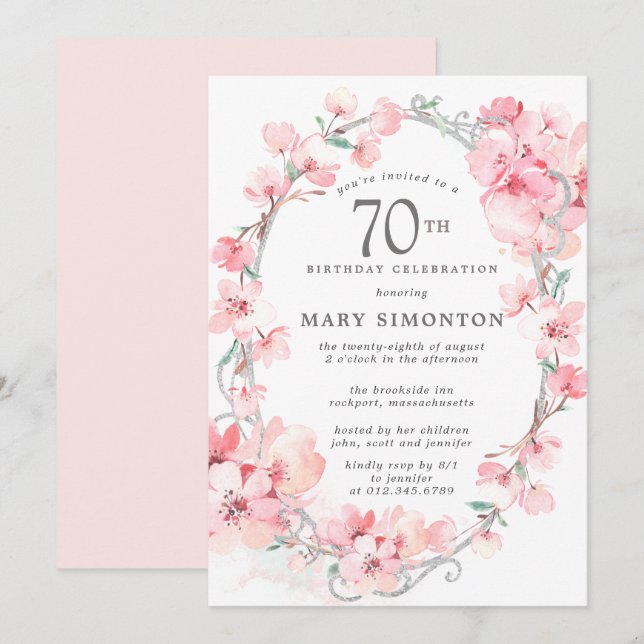 Blush Pink Cherry Blossom Floral 70th Birthday Invitation (Front/Back)