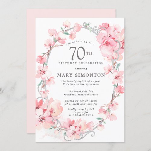 Blush Pink Cherry Blossom Floral 70th Birthday Invitation