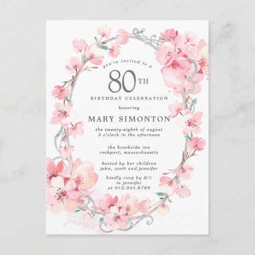 Blush Pink Cherry Blossom Floral 80th Birthday Invitation Postcard