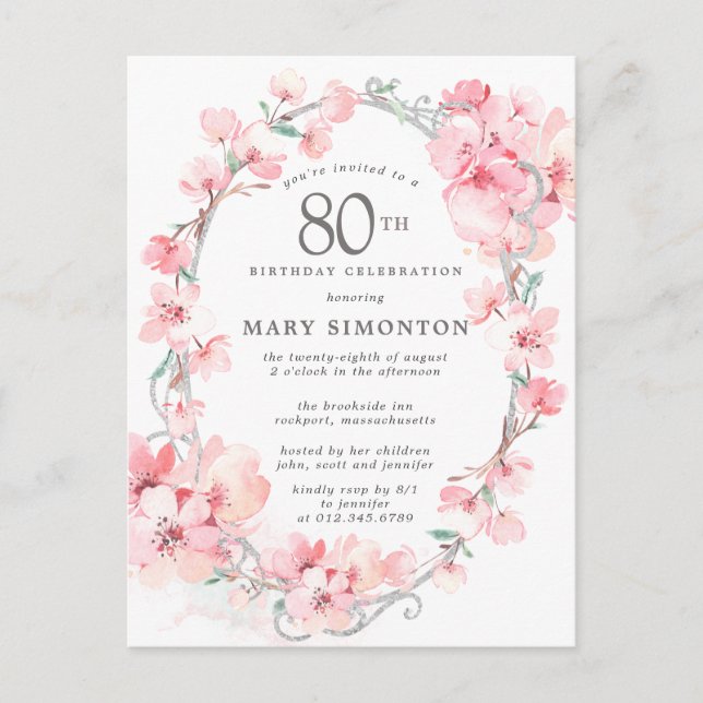 Blush Pink Cherry Blossom Floral 80th Birthday Invitation Postcard (Front)
