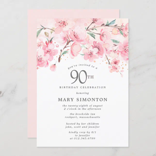 Blush Pink Cherry Blossom Floral 90th Birthday Invitation 