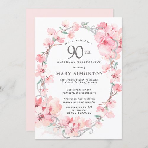 Blush Pink Cherry Blossom Floral 90th Birthday Invitation