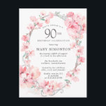 Blush Pink Cherry Blossom Floral 90th Birthday Invitation Postcard<br><div class="desc">Elegant oval silver frame is decorated with feminine sprays of blush pink cherry blossoms. Your 90th birthday party details are written in the center in soft gray text. This birthday invitation coordinates with the 90th Birthday Cherry Blossom collection that contains the templates you can use to easily create a pretty...</div>