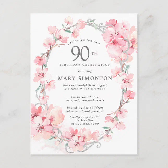 Blush Pink Cherry Blossom Floral 90th Birthday Invitation Postcard | Zazzle