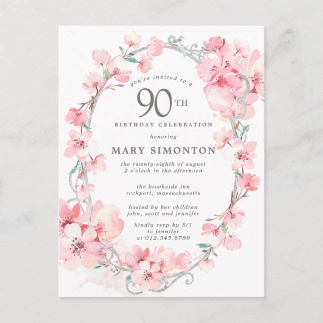Blush Pink Cherry Blossom Floral 90th Birthday Invitation Postcard (Front)