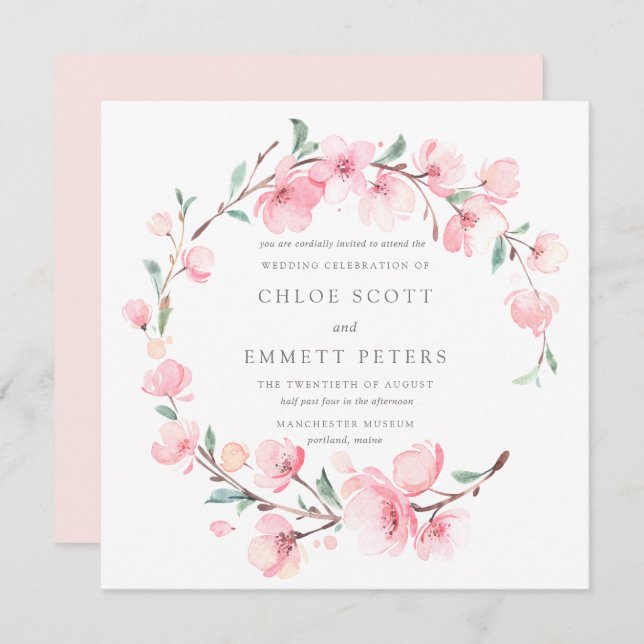 Blush Pink Cherry Blossom Floral Frame Wedding Invitation (Front/Back)