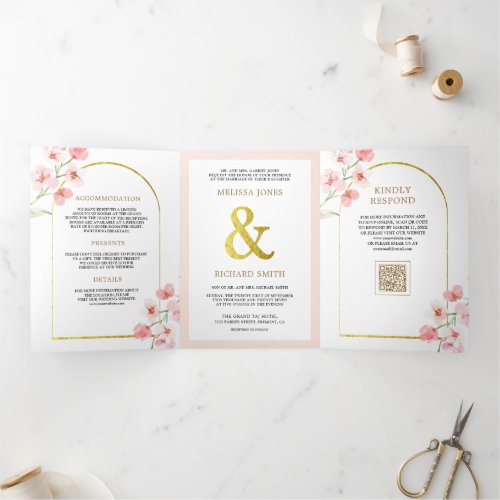 Blush Pink Cherry Blossom Floral QR Code Wedding Tri-Fold Invitation