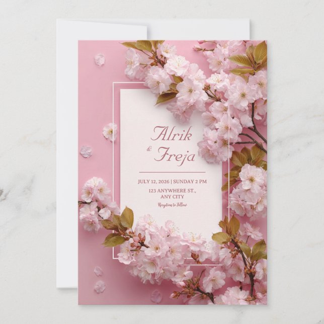 Blush Pink Cherry Blossom Floral Spring Wedding Invitation (Front)