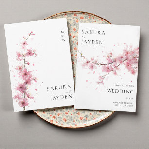 Blush Pink Cherry Blossom Flower Japanese Wedding Invitation