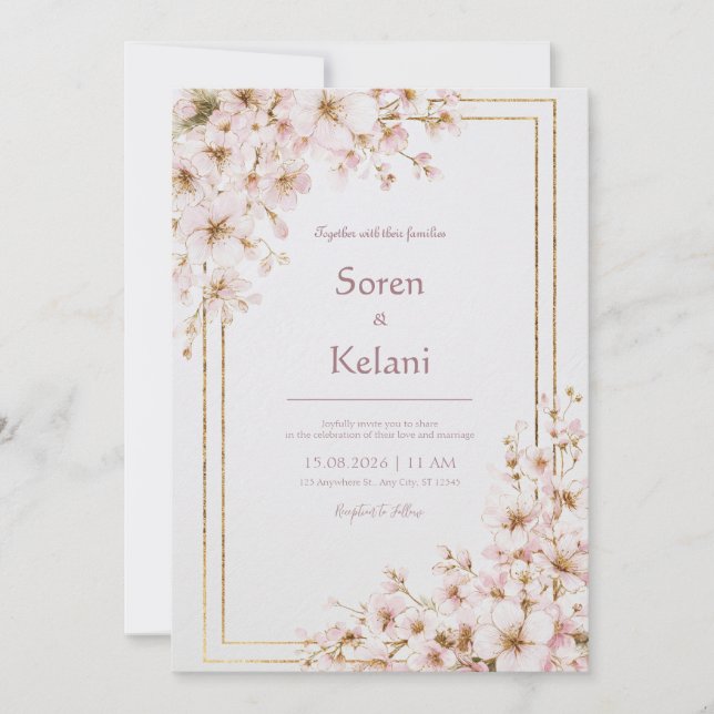 Blush Pink Cherry Blossom Gold Frame Wedding Invitation (Front)