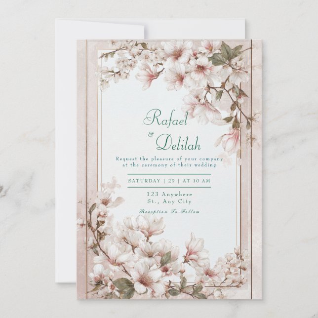 Blush Pink Cherry Blossom Gold Frame Wedding Invitation (Front)