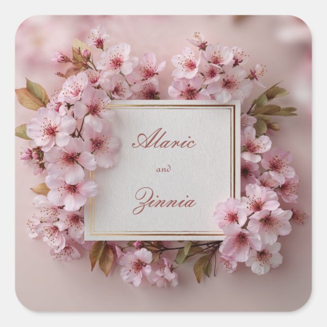 Blush Pink Cherry Blossom Gold Frame Wedding Square Sticker (Front)