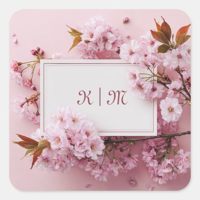 Blush Pink Cherry Blossom Rose Gold Frame Wedding Square Sticker (Front)