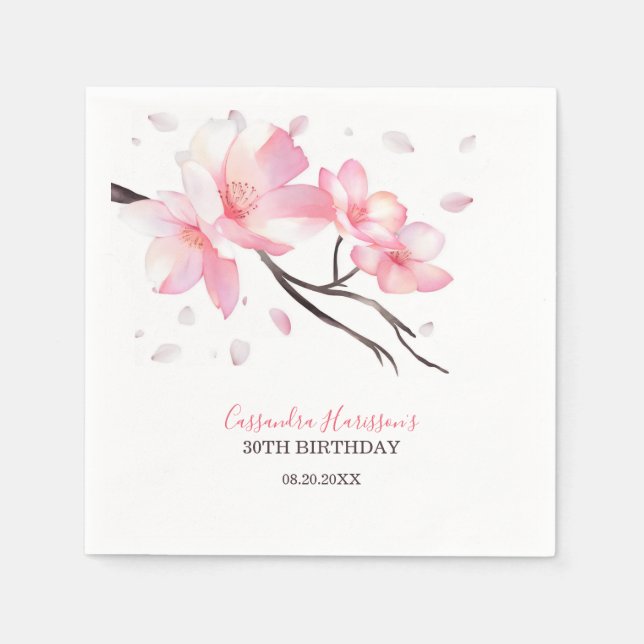 Blush Pink Cherry Blossom Sakura Birthday Napkins (Front)