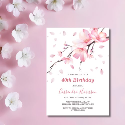 Blush Pink Cherry Blossom Sakura Floral Birthday Invitation