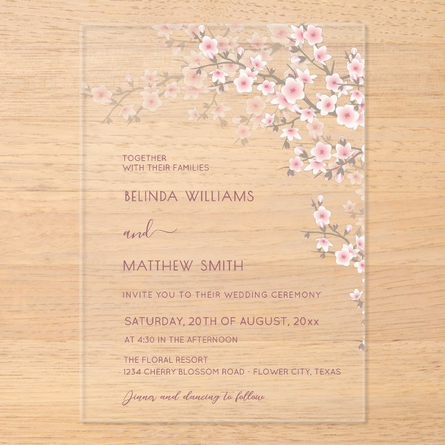 Blush Pink Cherry Blossom Wedding Acrylic Invitations (Front)