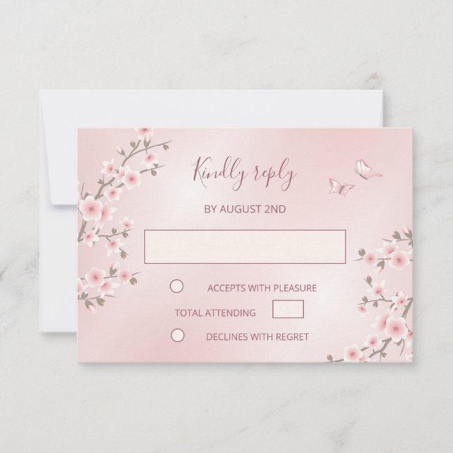 Blush Pink Cherry Blossom  Wedding RSVP Card (Front)