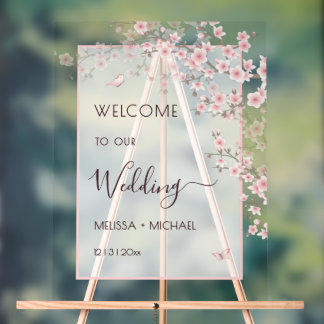 Blush Pink Cherry Blossom Wedding Transparent Acrylic Sign