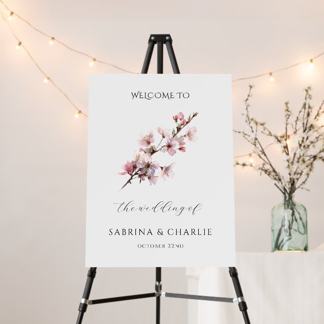 Blush Pink Cherry Blossom Wedding Welcome Sign (In Situ (Stand))