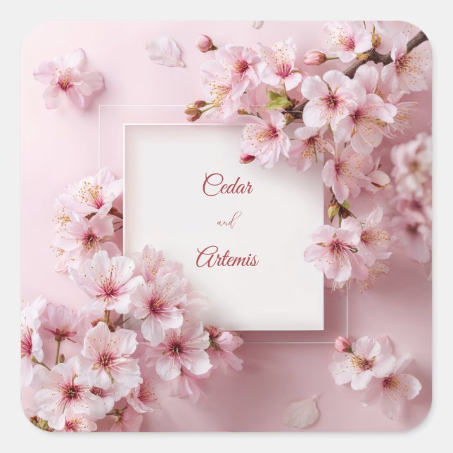 Blush Pink Cherry Blossom White Frame Wedding Square Sticker (Front)
