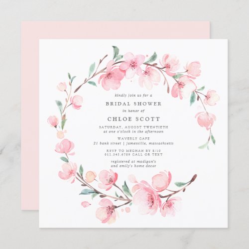 Blush Pink Cherry Blossom Wreath Bridal Shower Invitation