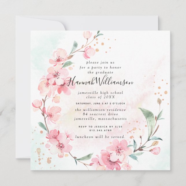 Blush Pink Cherry Blossoms Square Graduation Invitation (Front)