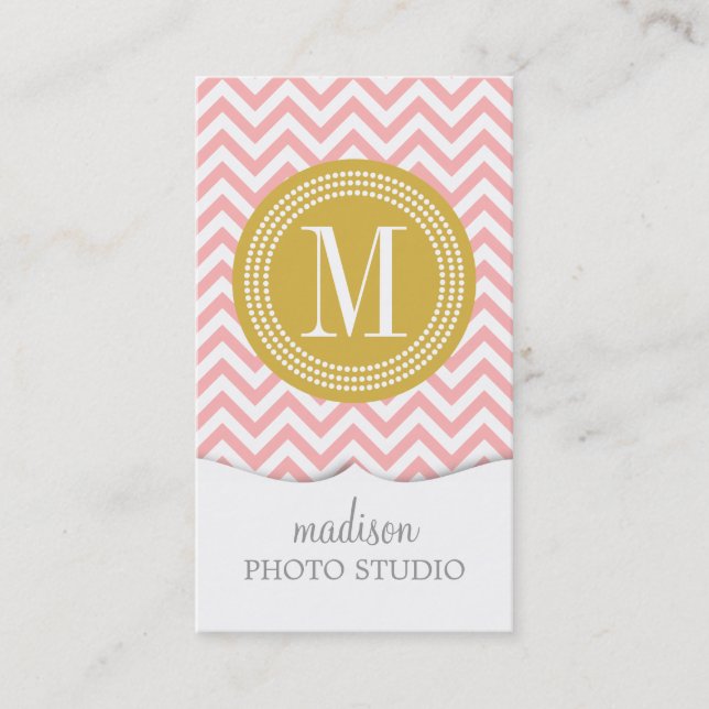 Blush Pink Chevron Zigzag Personalized Monogram Business Card (Front)