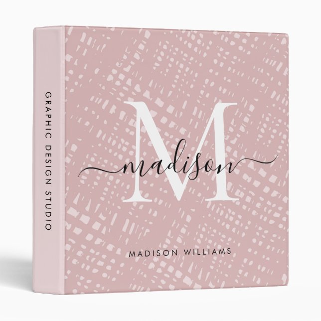 Blush Pink Chic Brush Pattern Monogram Script Name 3 Ring Binder (Front/Spine)