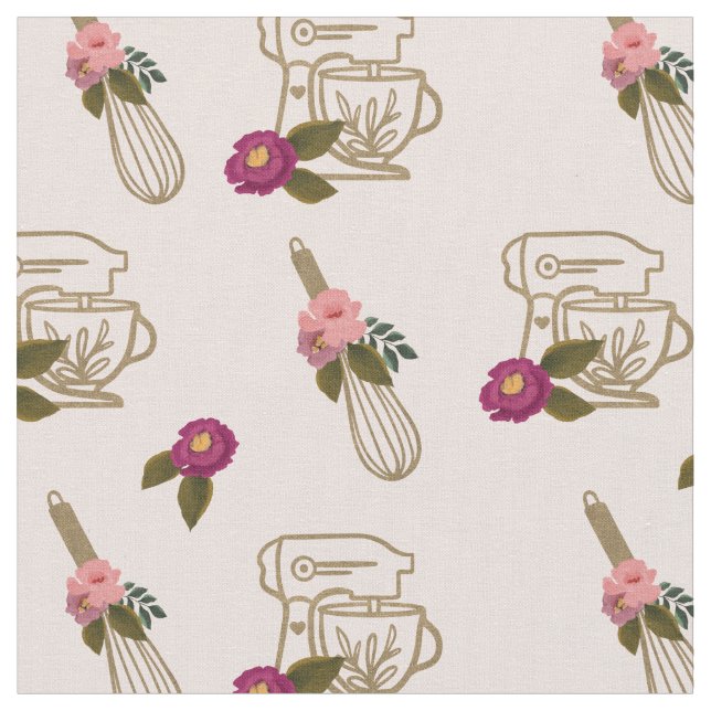Blush Pink Chic Floral Whisk & Stand Mixer Pattern Fabric (Close Up)