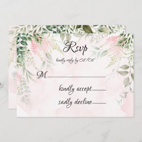 Blush Pink Chic Florals Green Wedding RSVP Cards