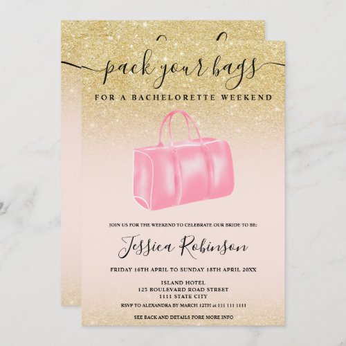 Blush pink chic gold glitter bachelorette weekend invitation