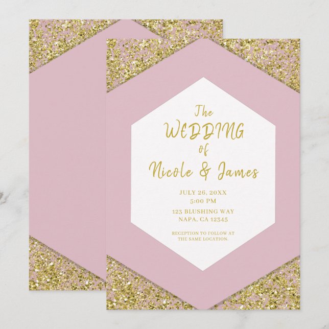 Blush Pink Chic Gold Glitter Flakes Glam Wedding  Invitation (Front/Back)