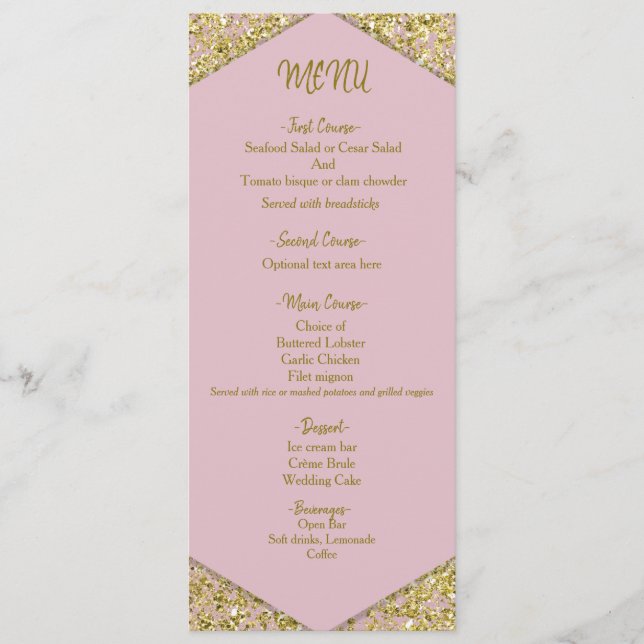 Blush Pink Chic Gold Glitter Flakes Glam Wedding   Menu (Front)