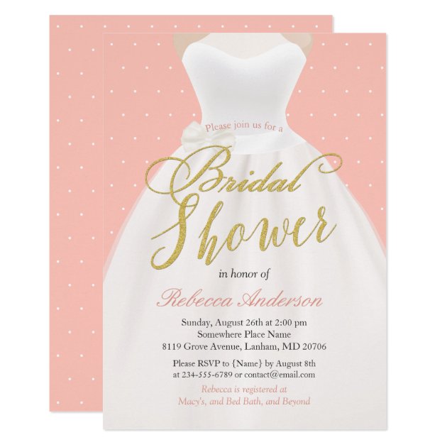 Blush Pink Chic Gold Wedding Dress Bridal Shower Invitation