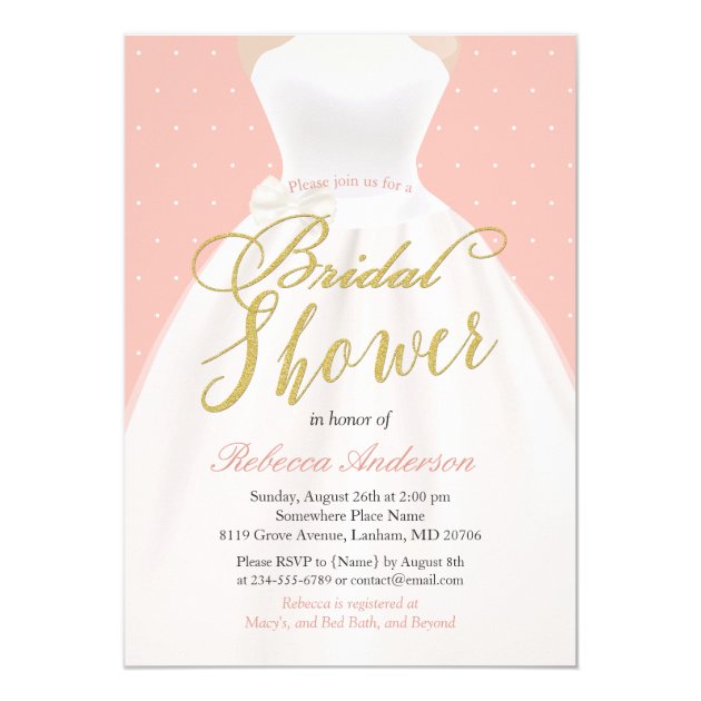 Blush Pink Chic Gold Wedding Dress Bridal Shower Invitation