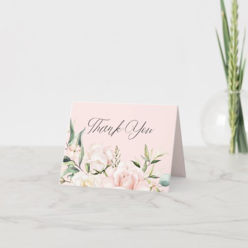Blush pink chic watercolor flowers bridal shower t thank you card