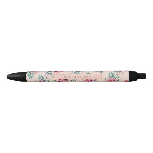 Blush Pink  Chic Watercolour Floral Personalised Black Ink Pen