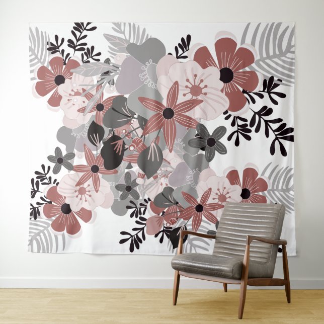 Blush Pink Chili Pepper and Gray Boho Floral Tapestry (In Situ (Horizontal))