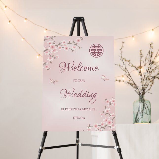 Blush Pink Chinese Wedding Welcome Foam Board (In Situ (Stand))