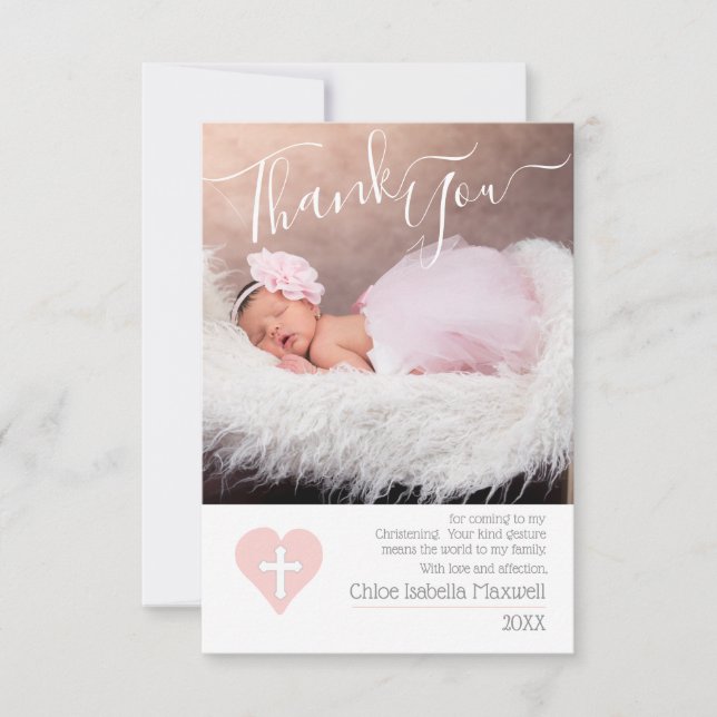 Blush Pink Christening Baptism Photo Thank You Card (Front)