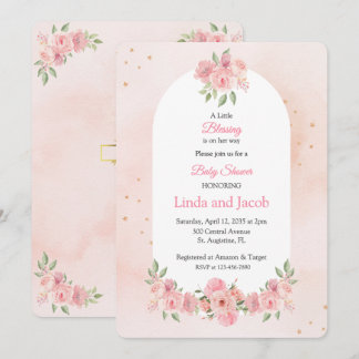 Blush Pink Christian Baby Shower with Gold Cross Invitation