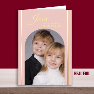 Blush Pink Christian Photo Christmas Gold Foil Greeting Card